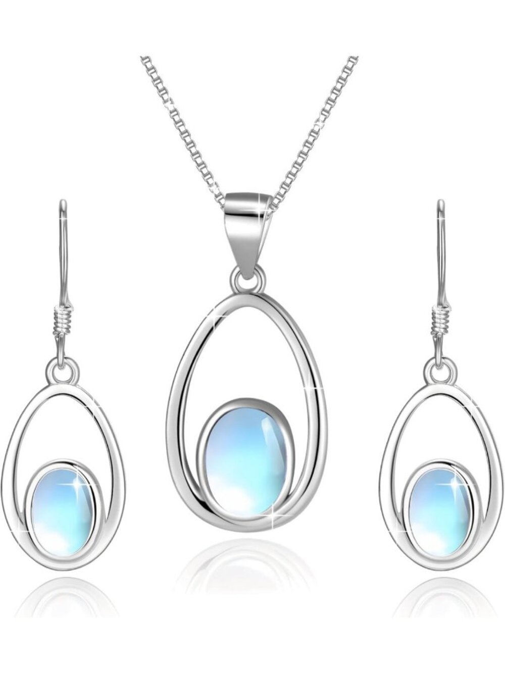 Opal Moonstone Jewelry Set - 925 Sterling Silver Necklace & Earrings for